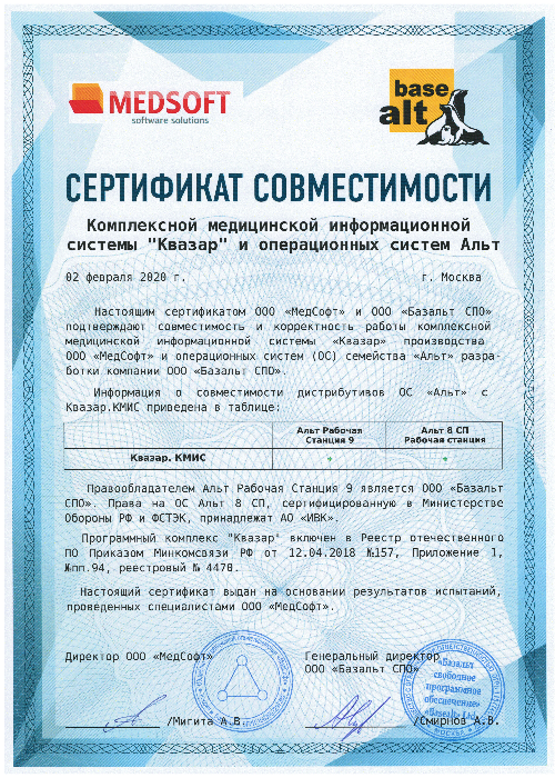 Сертификат совместимости с семейством ОС Альт